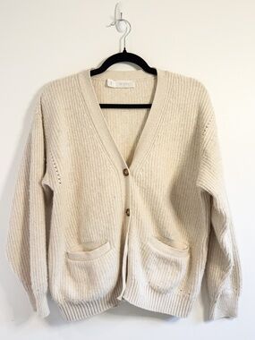 WVN Soft Organic Cotton and Wool V-Neck Cardigan Sweater — Ivory — Size Small